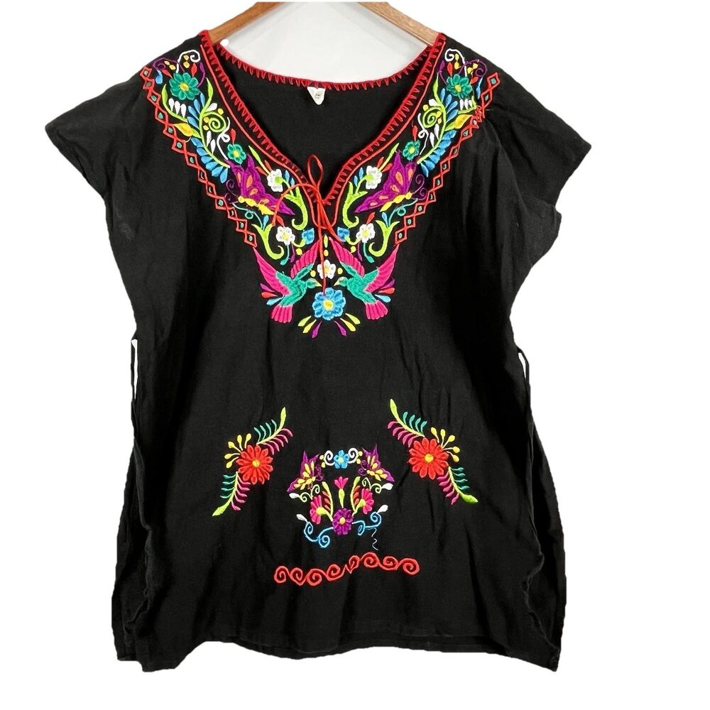 Mexican Embroidered Blouse Black Floral Boho Tunic M Handmade Oaxaca - Picture 4 of 16